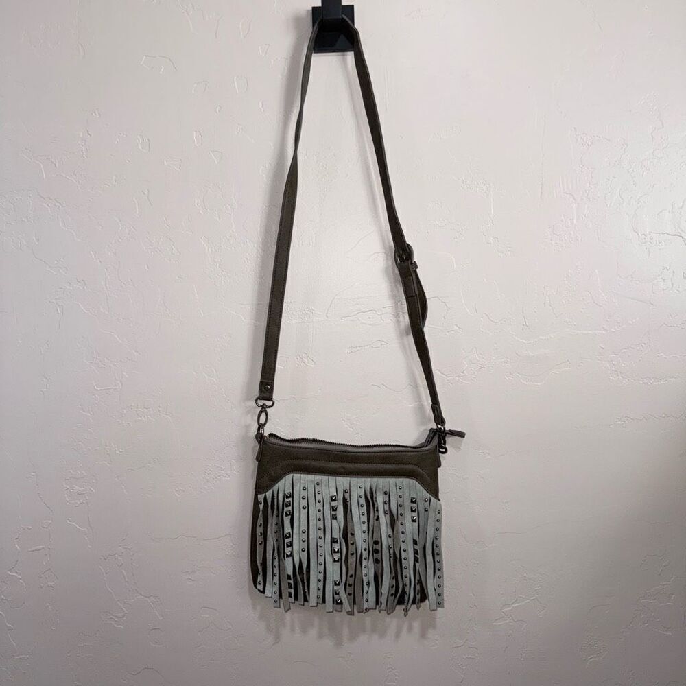 SHARIF BROWN FRINGE STUDDED CROSSBODY SHOULDER PURSE Grey